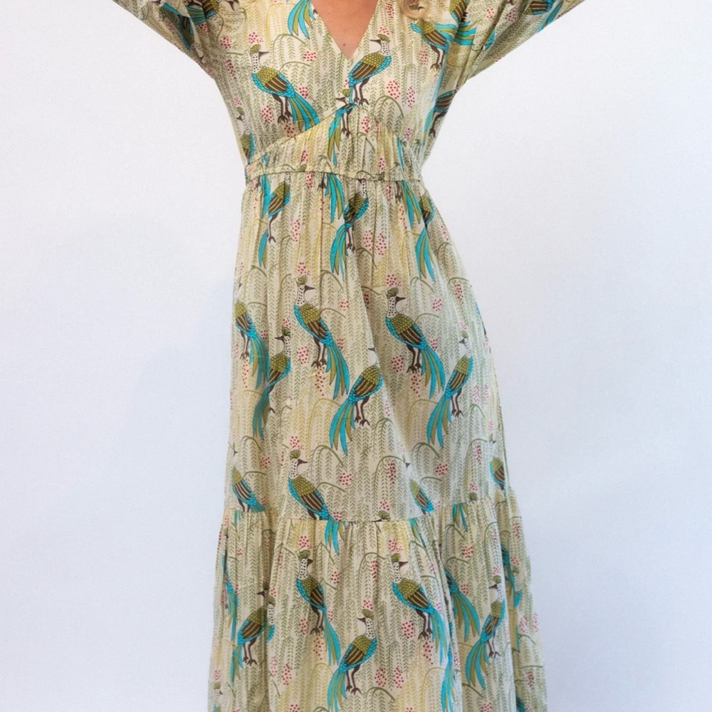 Cream and Green Maxi Sundress with Dolman Cap Sleeves StarkX